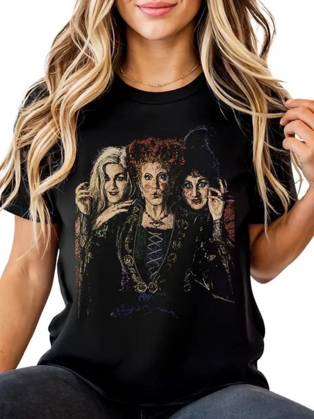 Black Women’s Tee with Colorful Witch Trio Graphic